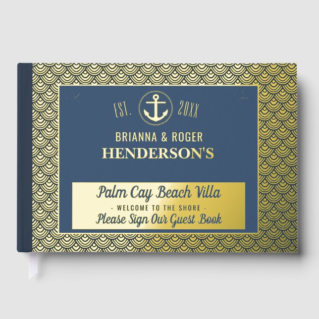 Beach House Nautical Vacation Rental Gold Shells Foil Guest Book (Front)