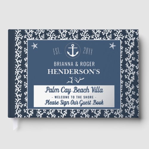 Beach House Nautical Vacation Rental Silver Coral Foil Guest Book