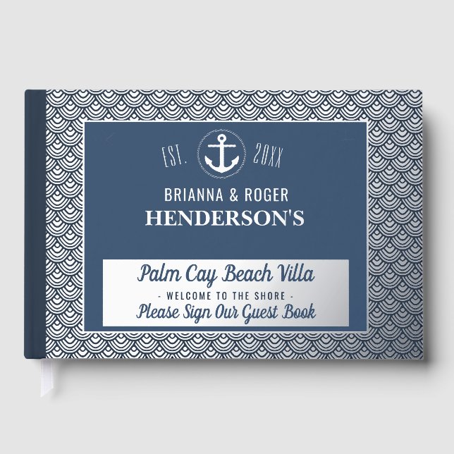 Beach House Nautical Vacation Rental Silver Shells Foil Guest Book (Front)