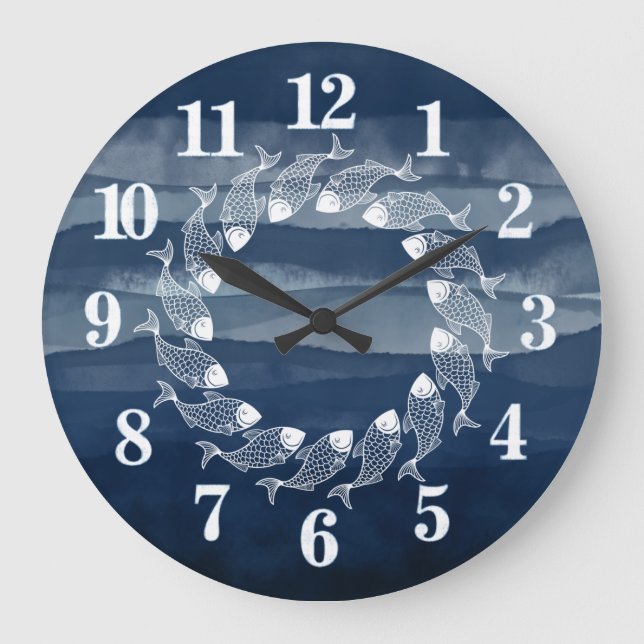 Beach House Navy Blue Fish Ocean Large Clock (Front)
