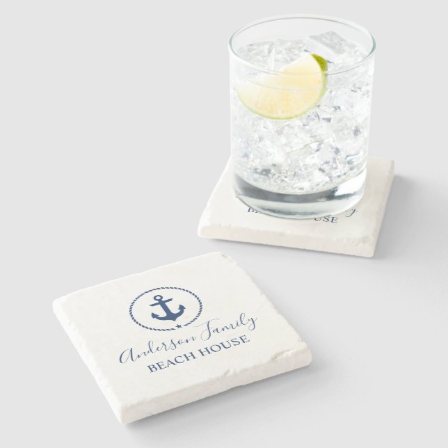 Beach House Navy Blue Nautical Anchor Rope Star Stone Coaster (Side)
