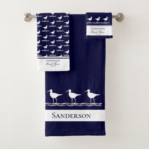 Beach house navy blue Sandpipers  Bath Towel Set