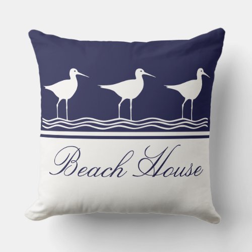 Beach house navy blue Sandpipers  Throw Pillow