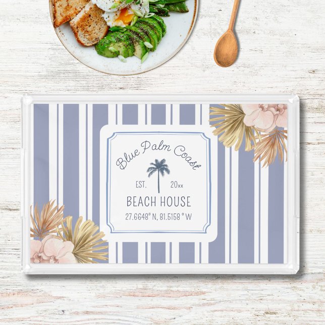 Beach House Navy Blue Stripes Coastal Farmhouse Acrylic Tray (In situ)