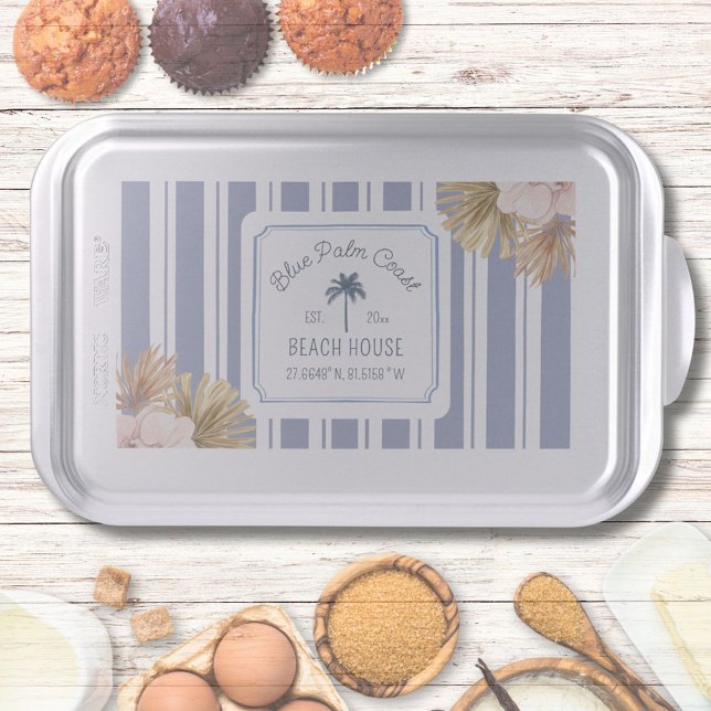 Beach House Navy Blue Stripes Coastal Farmhouse Cake Pan (In situ)