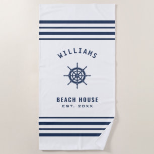 Beach House Navy Blue White Nautical Family Name Towel