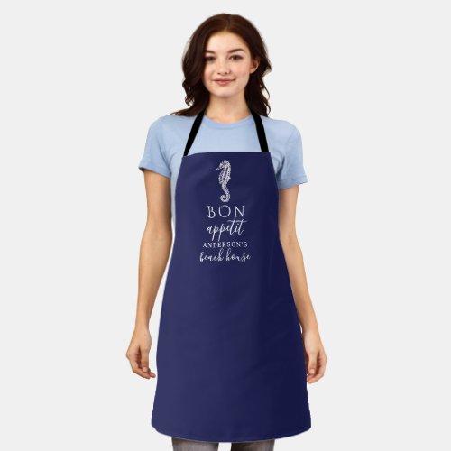 Beach House Navy Blue White Seahorse Family Name Apron