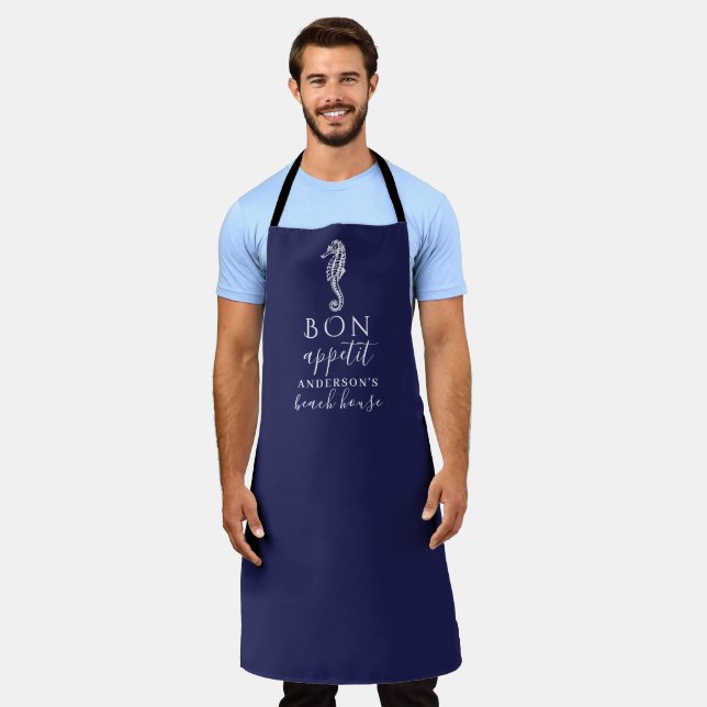 Beach House Navy Blue White Seahorse Personalized Apron (Worn)