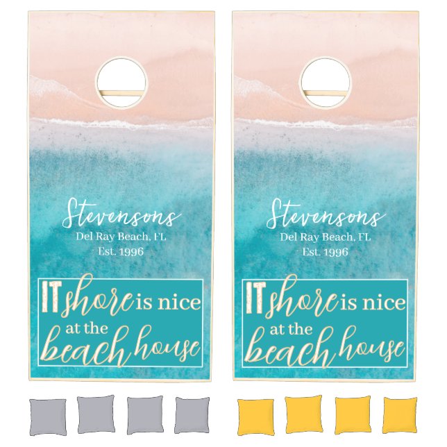 Beach House Ocean Personalized Name Elegant Script Cornhole Set (Set)