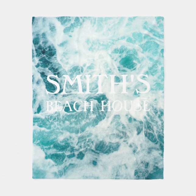 Beach House Ocean Sea Waves Custom Family Name Fleece Blanket (Front)