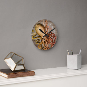 Beach House Octopus Rustic Nautical Wall Art Round Clock