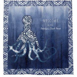 Beach House Octopus Shibori Ombre Pattern Indigo Shower Curtain