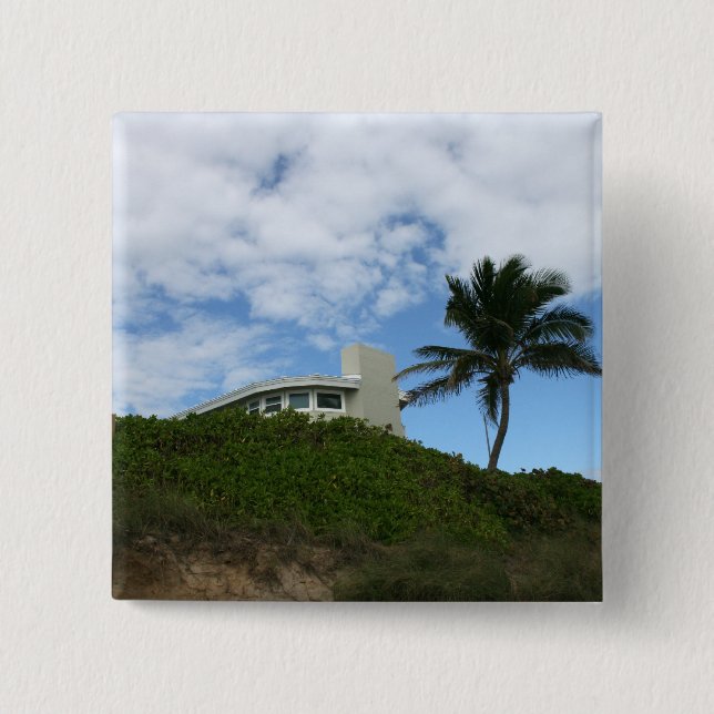 Beach House on Hill with sky and palm tree Button (Front)