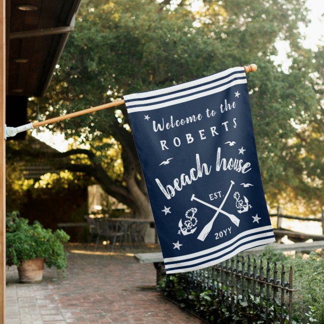 Beach House Paddles Anchors Custom Navy Striped House Flag (In SItu)