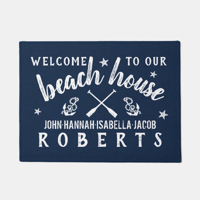 Beach House Paddles Anchors Custom Navy White Doormat (Front)