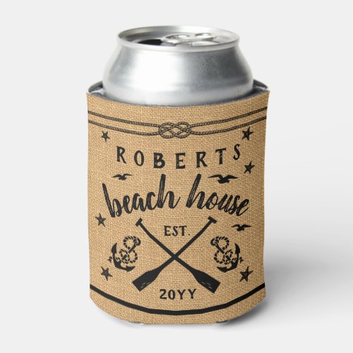 Beach House Paddles Anchors Custom Rustic Burlap Can Cooler