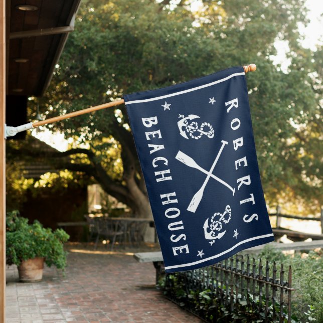 Beach House Paddles Anchors Navy White Custom House Flag (In SItu)