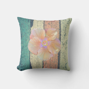 Beach house painted wood hibiscus teal peach cream throw pillow