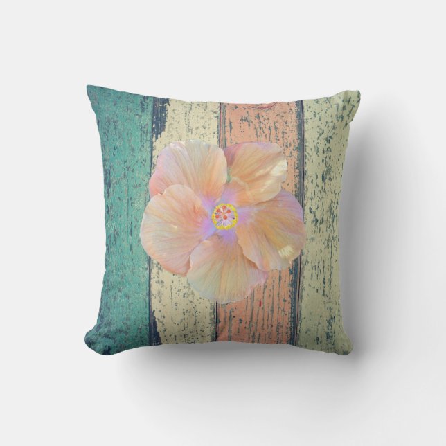 Beach house painted wood hibiscus teal peach cream throw pillow (Front)