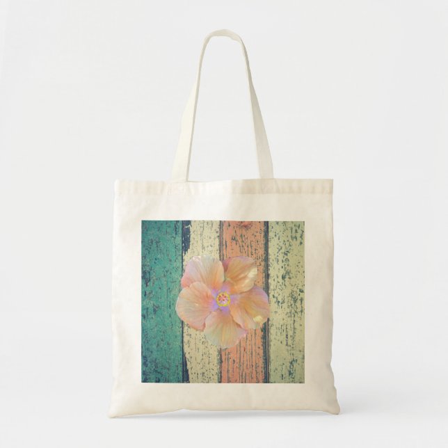 Beach house painted wood oceanside hibiscus tote bag (Front)