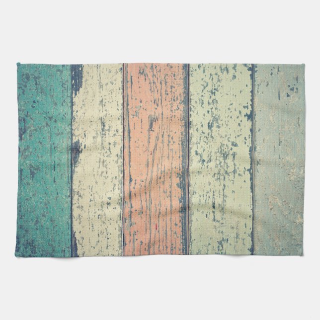 Beach house painted wood oceanside striped kitchen towel (Horizontal)
