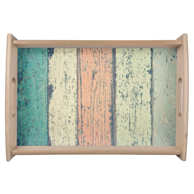 Beach house painted wood oceanside striped serving tray (Front)