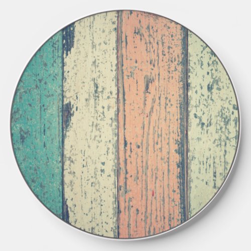 Beach house painted wood striped teal peach sand wireless charger 