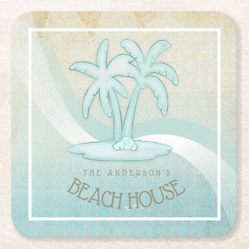 Beach House Palm Trees Aqua ID623 Square Paper Coaster