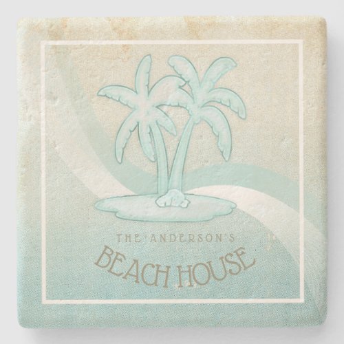 Beach House Palm Trees Aqua ID623 Stone Coaster