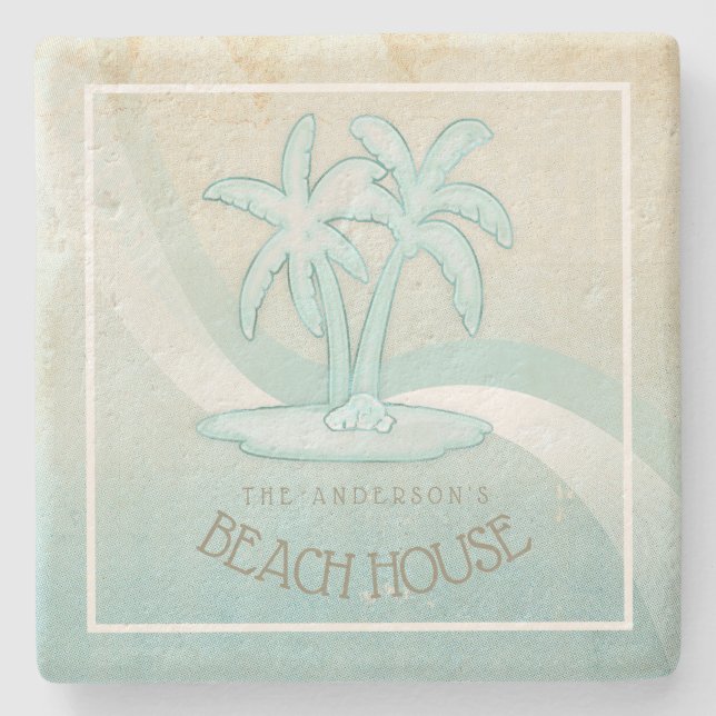 Beach House Palm Trees Aqua ID623 Stone Coaster (Front)