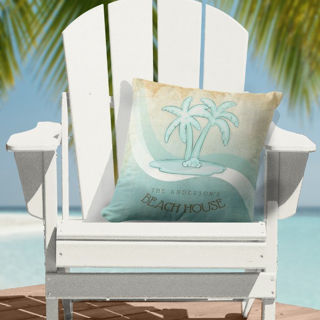 Beach House Palm Trees Aqua ID623 Throw Pillow (Creator Uploaded)