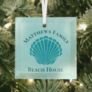 Beach House Personalized Keepsake Blue Seashell Glass Ornament