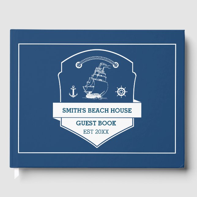 Beach House Personalized Nautical Navy Blue Guest Book (Front)