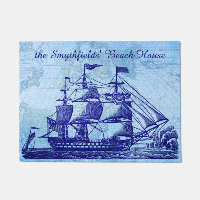 Beach House Personalized Nautical Sailing Ship Doormat (Front)