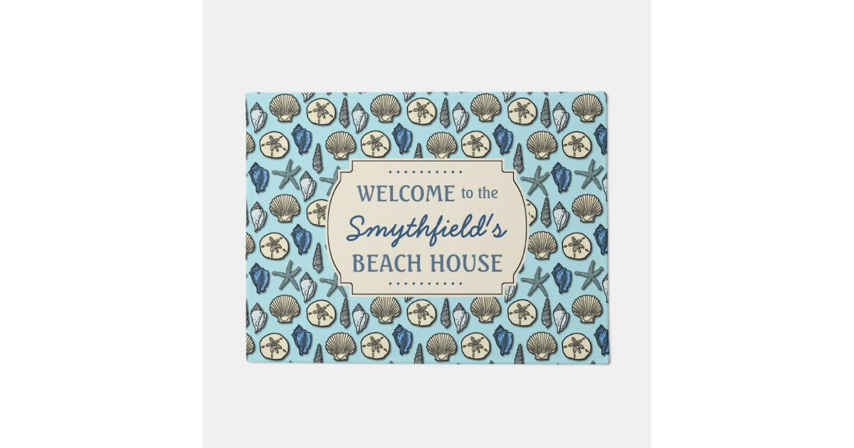 Beach House Personalized Sea Shells Blue Nautical Doormat Zazzle Com