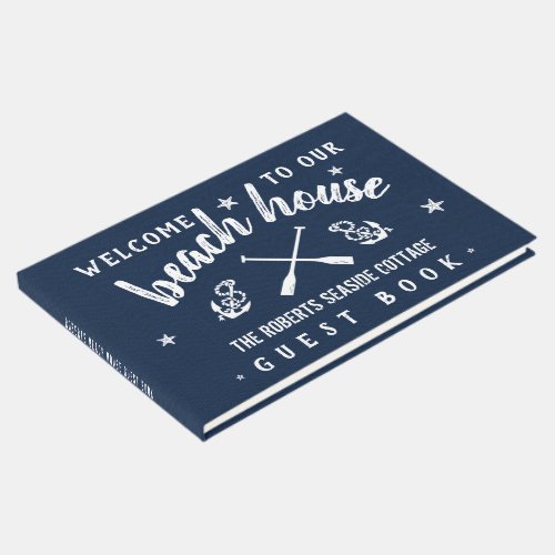 Beach House Personalized Vacation Rental Navy Blue Guest Book