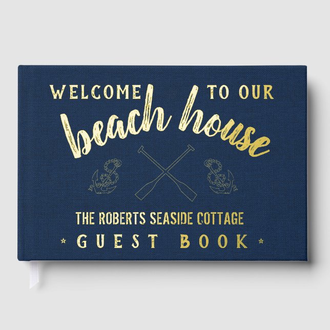 Beach House Personalized Vacation Rental Navy Gold Foil Guest Book (Front)
