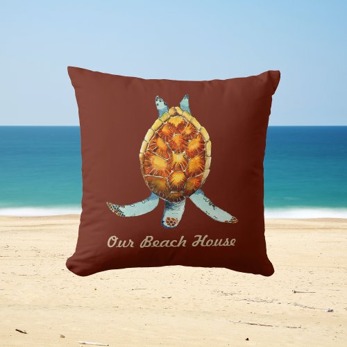 Beach House Pillow with Diving Sea Turtle on Brown