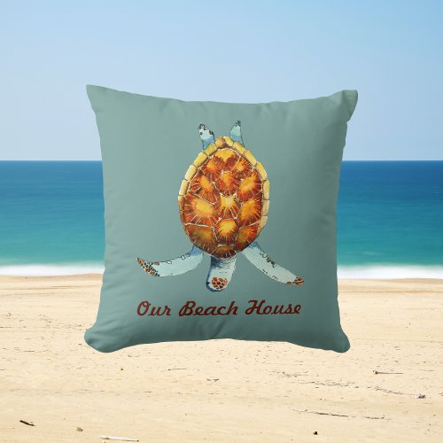 Beach House Pillow with Diving Sea Turtle on Green