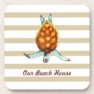 Beach House Pillow with Sea Turtle on Tan Stripes