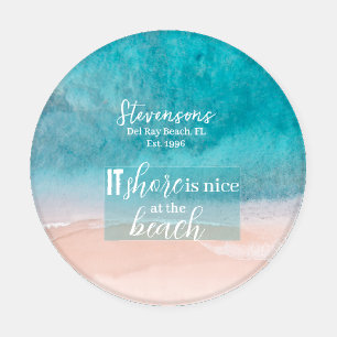Beach House Pun Elegant Script Custom Family Name Coaster Set