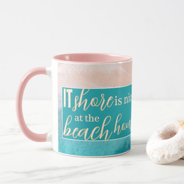 Beach House Pun Elegant Script Custom Family Name Mug (With Donut)