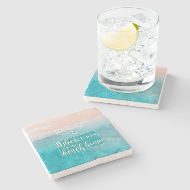 Beach House Pun Elegant Script Custom Family Name  Stone Coaster (Side)