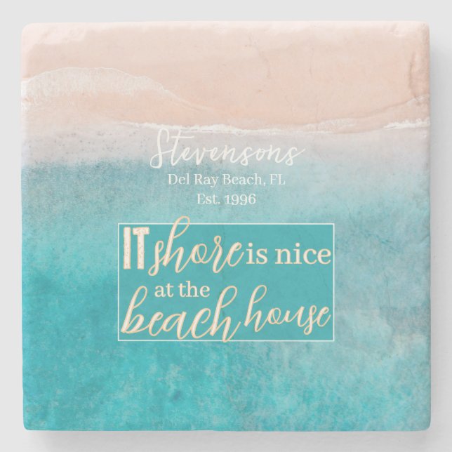 Beach House Pun Elegant Script Custom Family Name  Stone Coaster (Front)