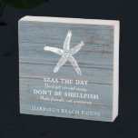 Beach House Quote Rustic Wood Family Name Wooden Box Sign<br><div class="desc">This beach house theme wood sign can be customized with your family's last name.Blue beached wood and white starfish typography design that reads: Starfish wisdom: Seas the day,  don't get carried away,  don't be shellfish,  make friends,  not anemones." Adorable cheeky beach house decor.</div>