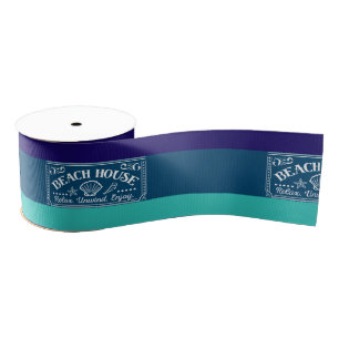 Beach house Relax Unwind Enjoy Teal navy striped Grosgrain Ribbon