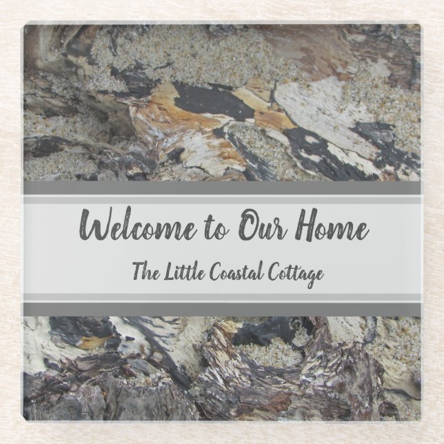 Beach House Rental Gray Brown Driftwood Welcome Glass Coaster (Front)