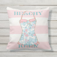 Beach House Retro Swimsuit and Pink Cabana Stripes Outdoor Pillow