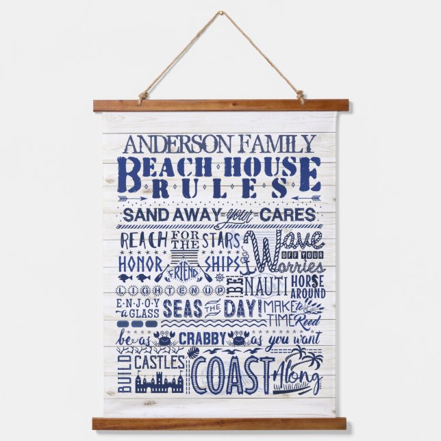 Beach House Rules Blue Coastal Personalized Family Hanging Tapestry (Front)