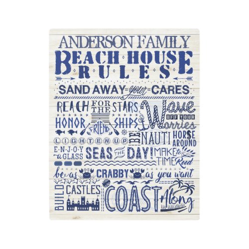 Beach House Rules Blue  Personalized Family Sea Metal Print